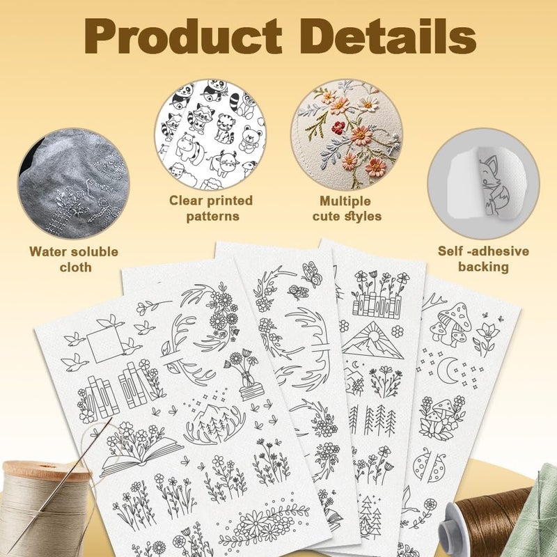 DOODLREAM 56Pcs Mountain Flower Vine Embroidery Pattern Stabilizer, 8.3"x11.7" Deer Antler Book Water Soluble Stick and Stitch Embroidery Sticker, 4 Sheets Tree Hat Hand Sewing DIY Embroidery Paper - Image 3